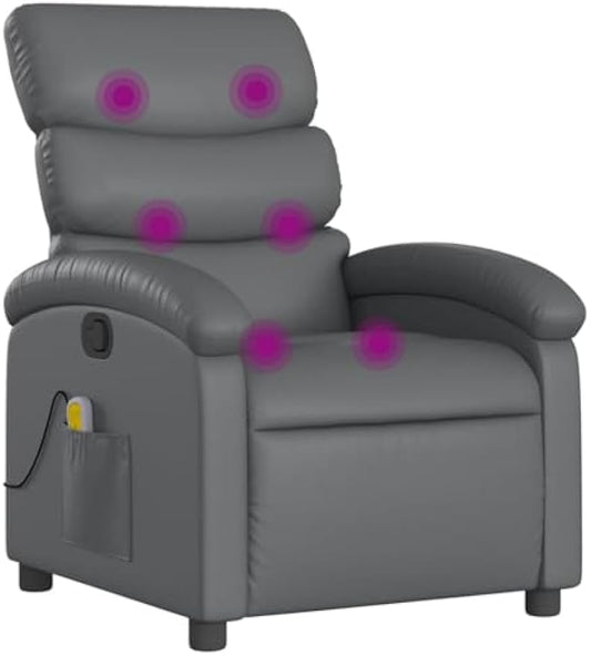 vidaXL Massage Recliner Chair for Adults, Single Theater Seating with Vibration Massage & Manually Adjustable Backrest/Footrest, Modern Reclining Sofa for Living Room, Gray Leather