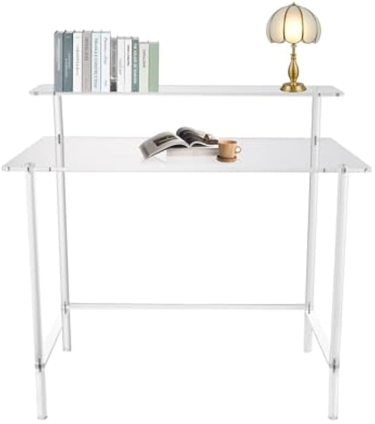 Clear Acrylic 2 Tier Freestanding Desk, Clear Desk w/31.5x19.69in Desktop, 34.65in Height, 88lbs Load Capacity, Modern Rectangular Computer/Writing Desk for Home & Office