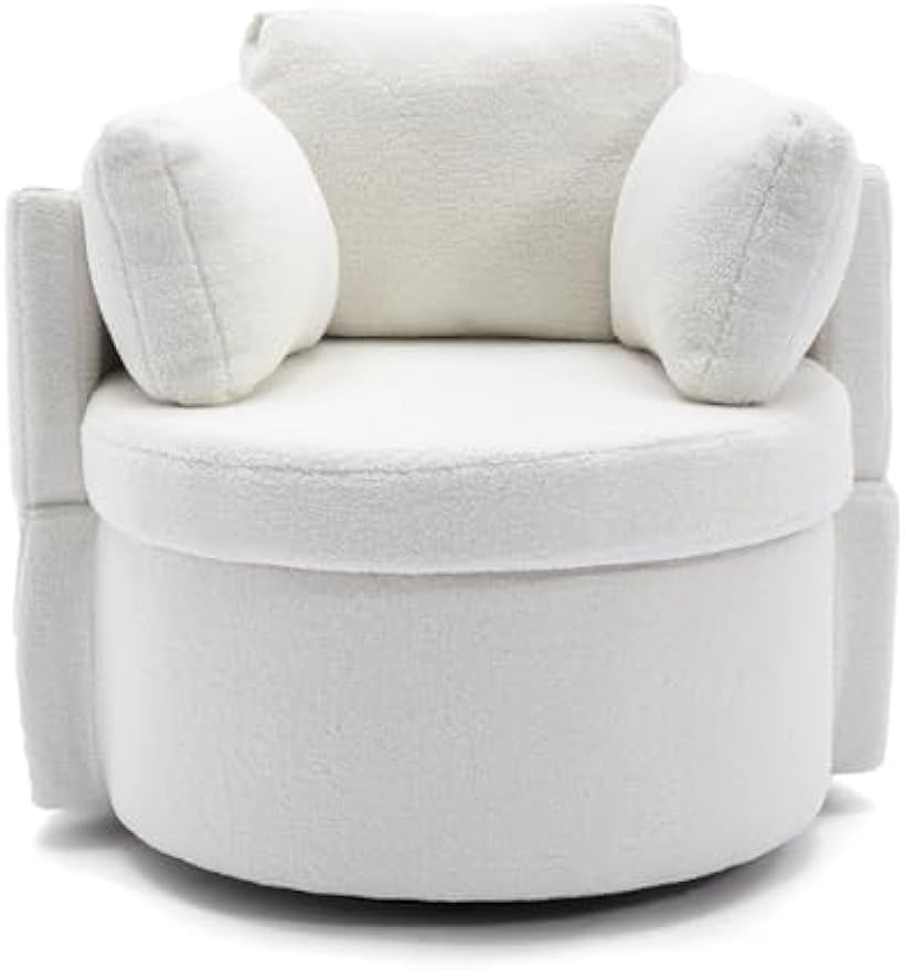 Round Swivel Cuddle Barrel Armchairs with Wide Upholstered, Accent Storage Chairs Fluffy Wool Fabric Chair for Living Room, Bedroom, Office, Waiting Rooms Ivory As Shown