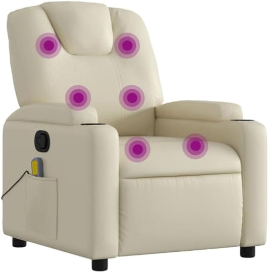 vidaXL Cream Faux Leather Massage Recliner Chair - Manual Recline, Vibration Massage, Convenient Cup Holders, Durable & Comfortable - Ideal for Living Room, Home Office, Lounge
