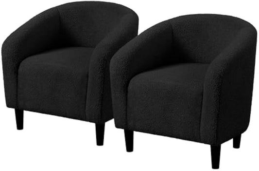 Topeakmart Barrel Chair, Soft Sherpa Accent Chair Side Chair Club Chair Modern Style Deep Seating Barrel Armchair for Living Room Furniture Reading Room Bedroom, Set of 2, Black