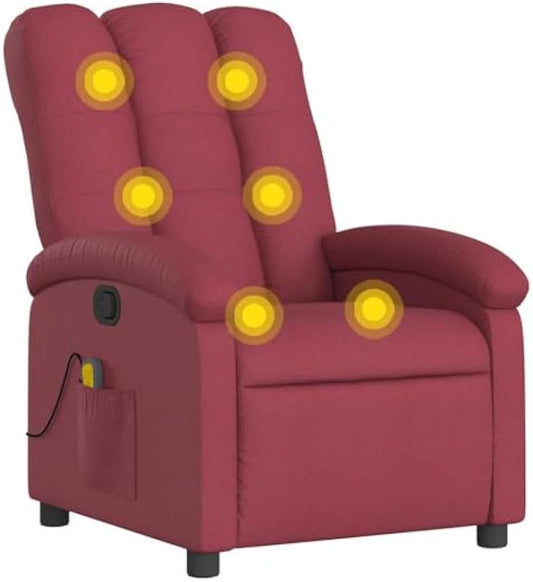 vidaXL Massage Recliner Chair - Wine Red Fabric Adjustable Armchair, 6-Point Vibrating Massage, Side Pocket, Manual Recline up to 135° for Living Room or Lounge