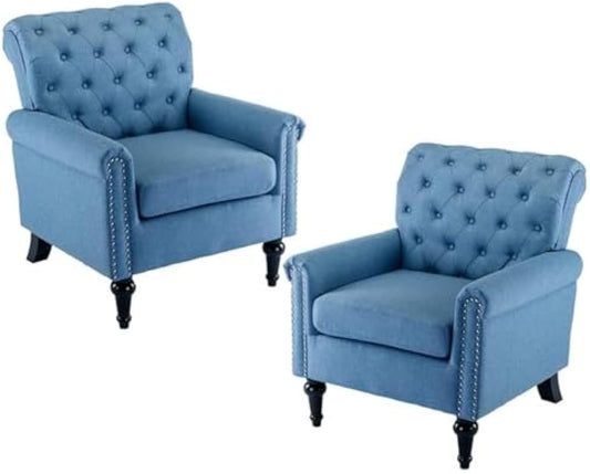 Upholstered Accent Chairs,Mid Century Armchair Sofa Chairs,Comfy Living Room Chair,Button Tufted Reading Chair for Living Room, Bedroom,Study (2, Blue)