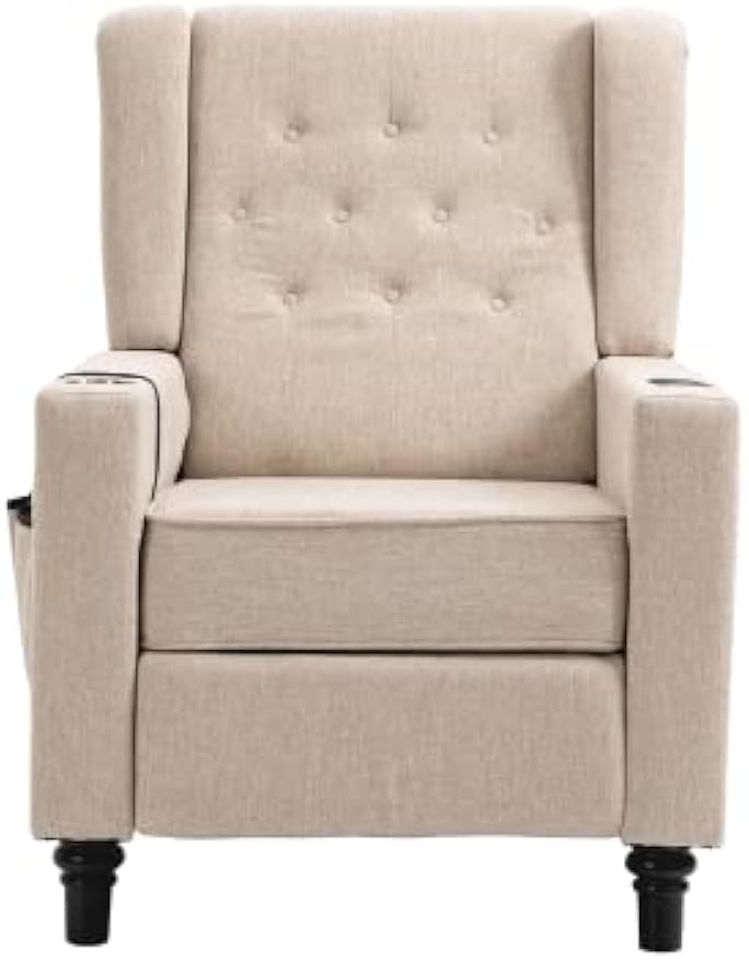 CHARMMA Arm Pushing Recliner Chair, Modern Button Tufted Wingback Push Back Recliner Chair, Living Room Chair Fabric Pushback Manual Single Reclining Sofa Home Theater Seating for Bedroom,Khaki Yelkow