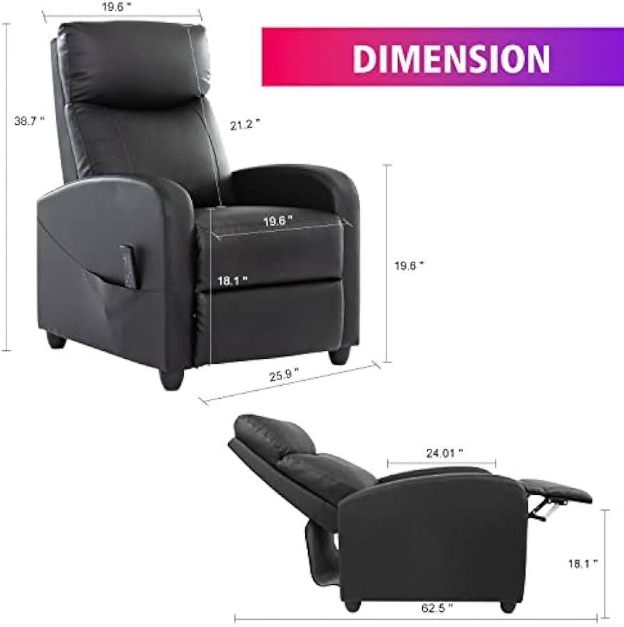 Zanzio Living Room Massage Recliner Chair, Modern High Back PU Leather Adjustable Heated Reclining Home Theater Single Sofa Chair with Padded Seat for Lounge Bedroom, Black (ZA-J5V)
