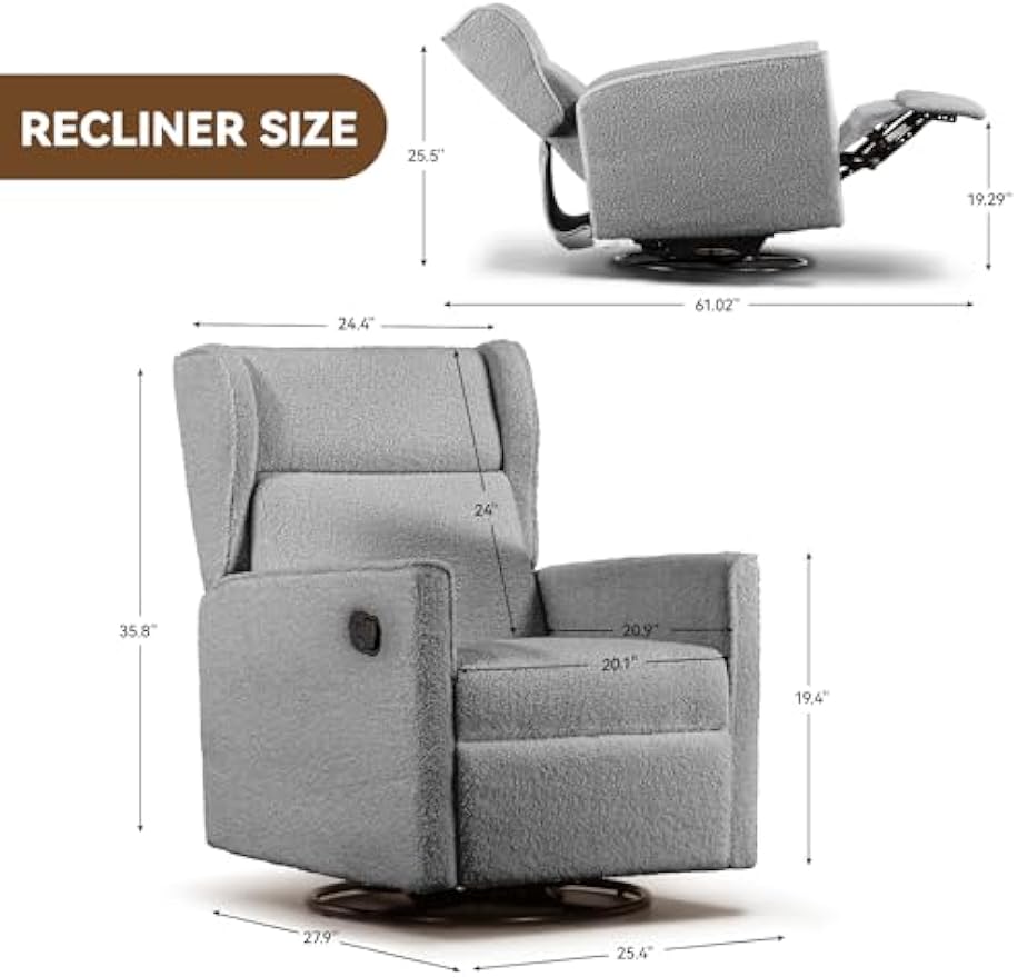 COMHOMA Nursery Rocking Chair Teddy Upholstered Swivel Rocker Recliner Manual Glider Reclining Chair for Living Room Bedroom Offices (Grey, 2 pcs)