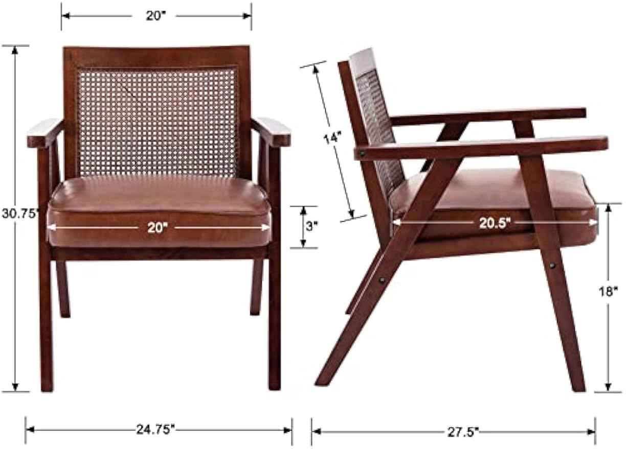 ZHENGHAO Brown Leather Accent Chairs Set of 2, Mid Century Modern Rattan Chairs with Armrest, Upholstered Comfy Leisure Chair for Living Room/Bedroom/Fireplace, Brown, Leather Brown