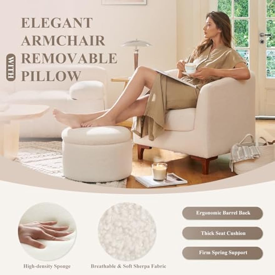 COLAMY Upholstered Sherpa Accent Chair with Storage Ottoman Set of 2, Barrel Living Room Side Chair with Back Pillow, Single Sofa Armchair for Bedroom/Office/Reading Spaces, Cream