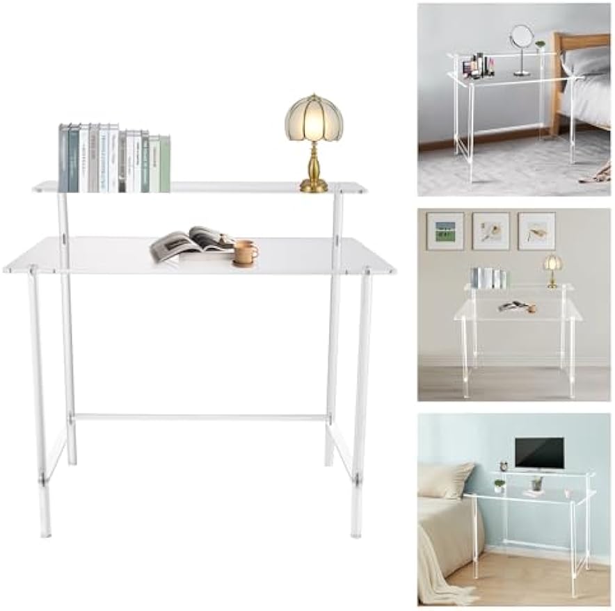 Clear Acrylic 2 Tier Freestanding Desk, Clear Desk w/31.5x19.69in Desktop, 34.65in Height, 88lbs Load Capacity, Modern Rectangular Computer/Writing Desk for Home & Office