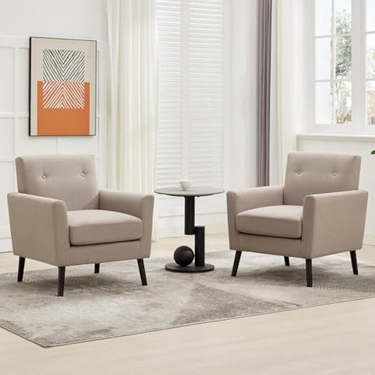 Accent Chair for Living Room Chairs,Mid Century Modern Armchair Comfy Upholstered Reading Accent Chairs,Single Sofa Chair With Wood Legs & Thicker Seat Cushion for Living Room Bedroom,2PCS Grey