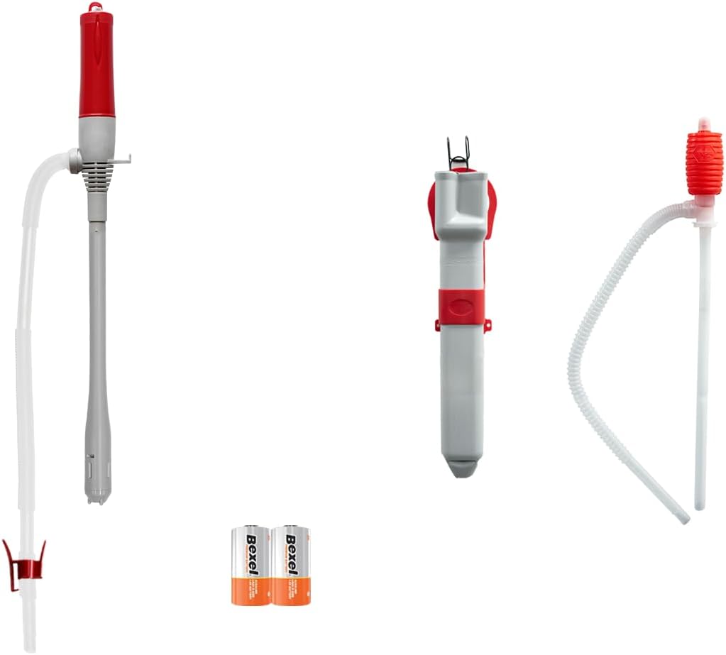 [LITE DELIGHT] Transfer Pump w/Auto-Stop Overfill Protection for Fuel, Water & More, 2.4 GPM, AA Battery Included, Ergonomic Nozzle, Universal & VP Racing Can Adapters, 51” Hose, PLUS a Manual Siphon