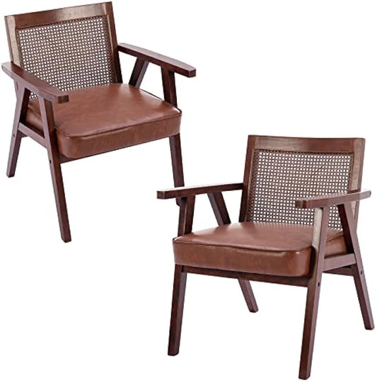 ZHENGHAO Brown Leather Accent Chairs Set of 2, Mid Century Modern Rattan Chairs with Armrest, Upholstered Comfy Leisure Chair for Living Room/Bedroom/Fireplace, Brown, Leather Brown