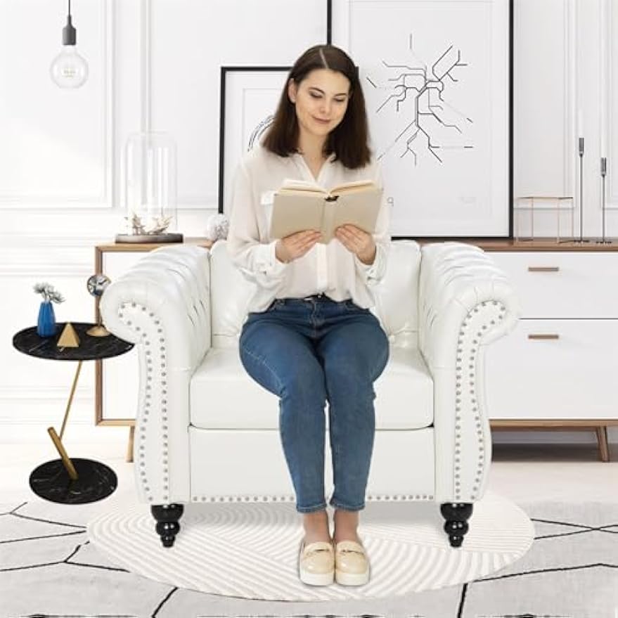 White Chesterfield Accent Chair Faux Leather Upholstered Tufted Wingback Club Chair, Mid-Century Modern Living Room Chair with Sturdy Wood Frame, Comfy Oversized Armchair for Bedroom Office