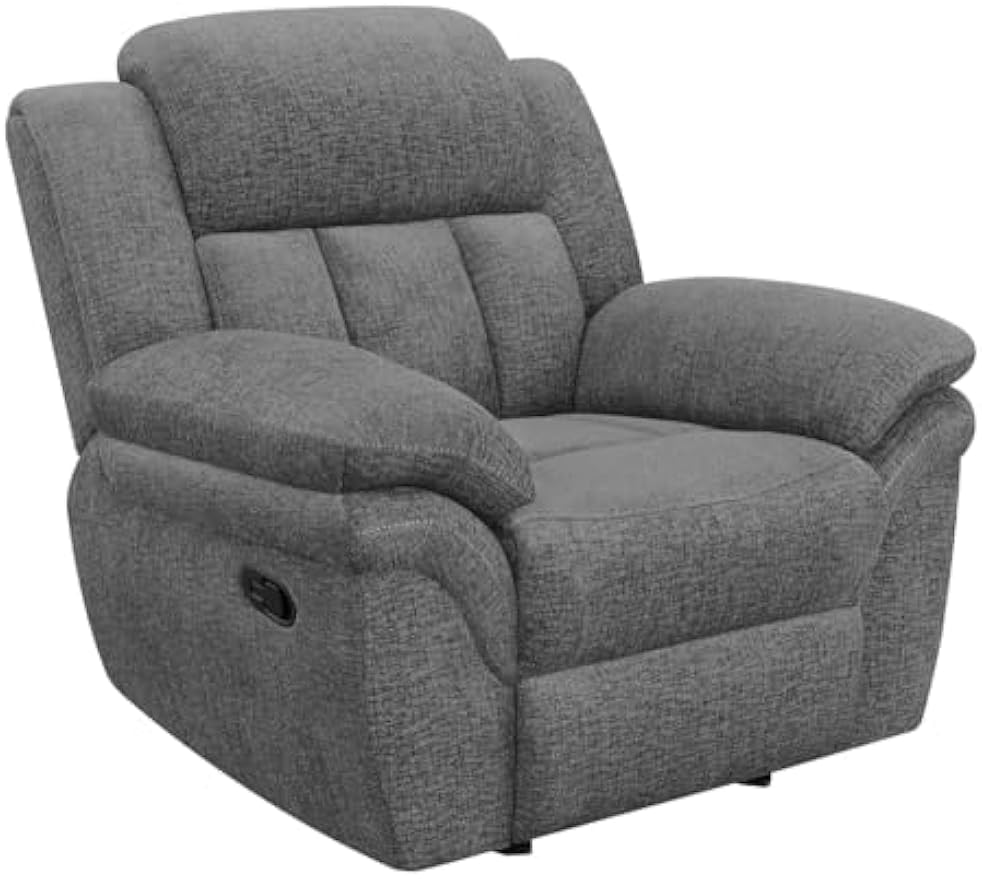 Coaster Home Furnishings - Bahrain - Fabric Upholstered Glider Recliner Chair with Wall Hugger, Cool Gel Memory Foam, Padded Arms, and Plush Headrest - Living Room - 44-Inch - Charcoal - 609543