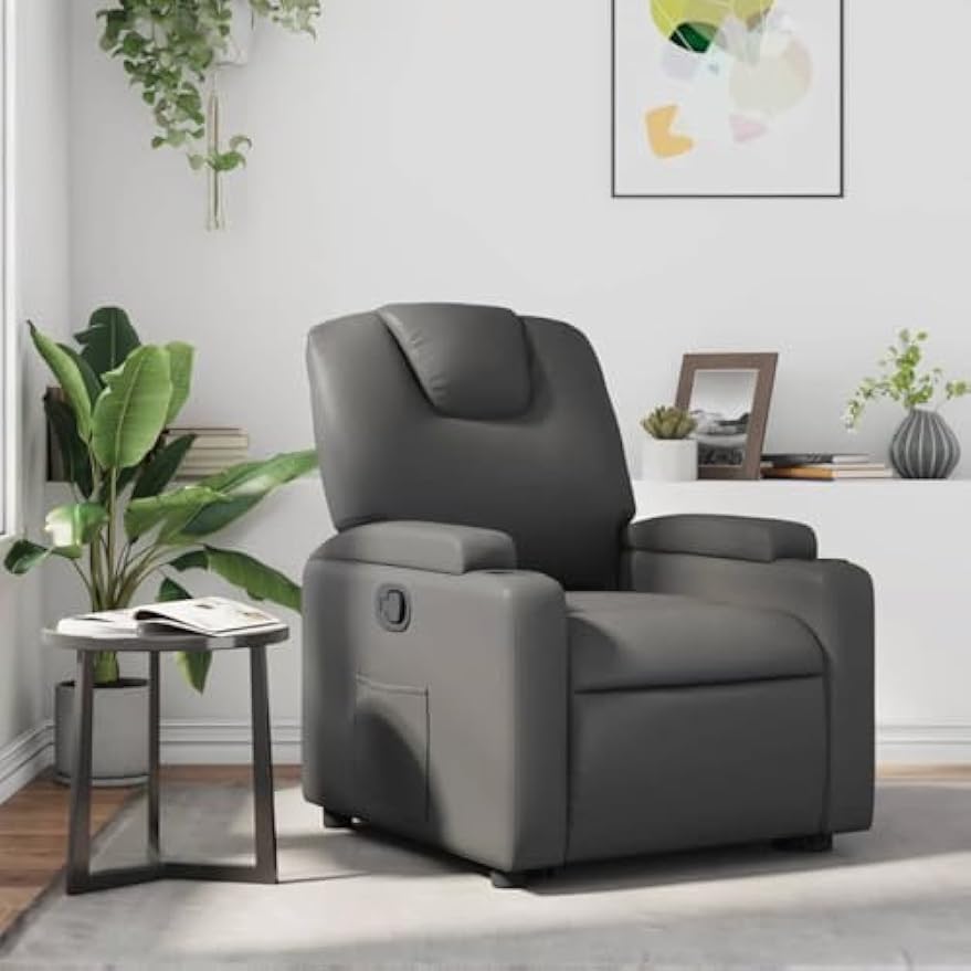 vidaXL Gray Faux Leather Recliner Chair with Manual Recline, Cup Holders and Side Pocket for Living Room, Bedroom Comfort