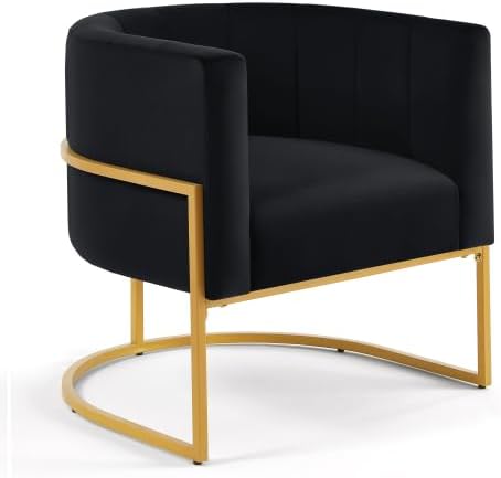 Upholstered Velvet Accent Chair,Comfortable Fashional Living Room Chair with Golden Metal Stand,Mid-Century Leisure Chair with Curve Backrest- (Black)