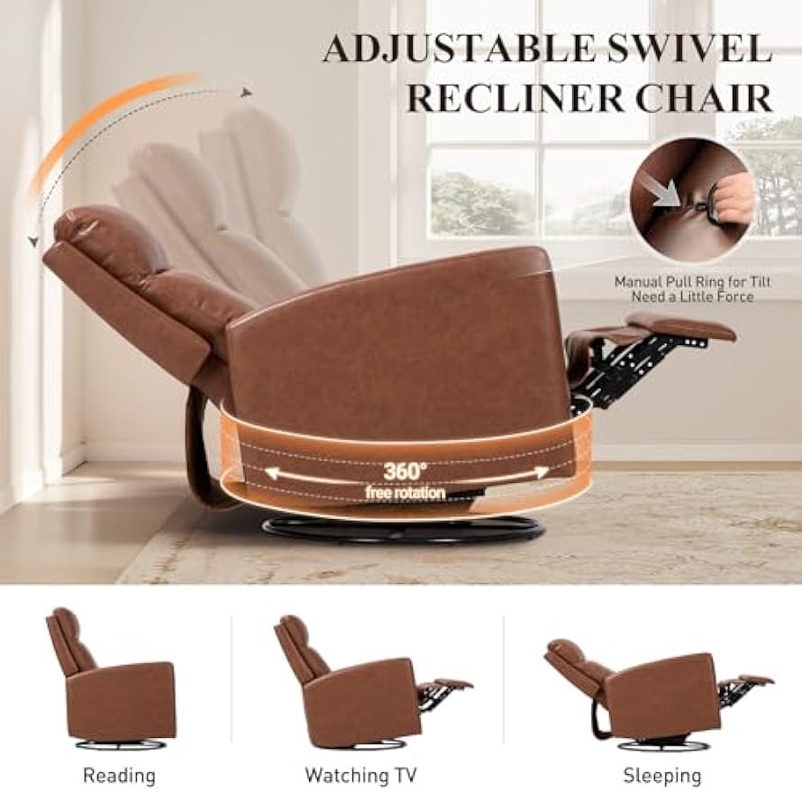 COLAMY Swivel Rocking Recliner,Wide PU Leather Glider Sofa Chair with Ergonomic High Backrest for Living Room, Office, Bedroom（Cocoa）