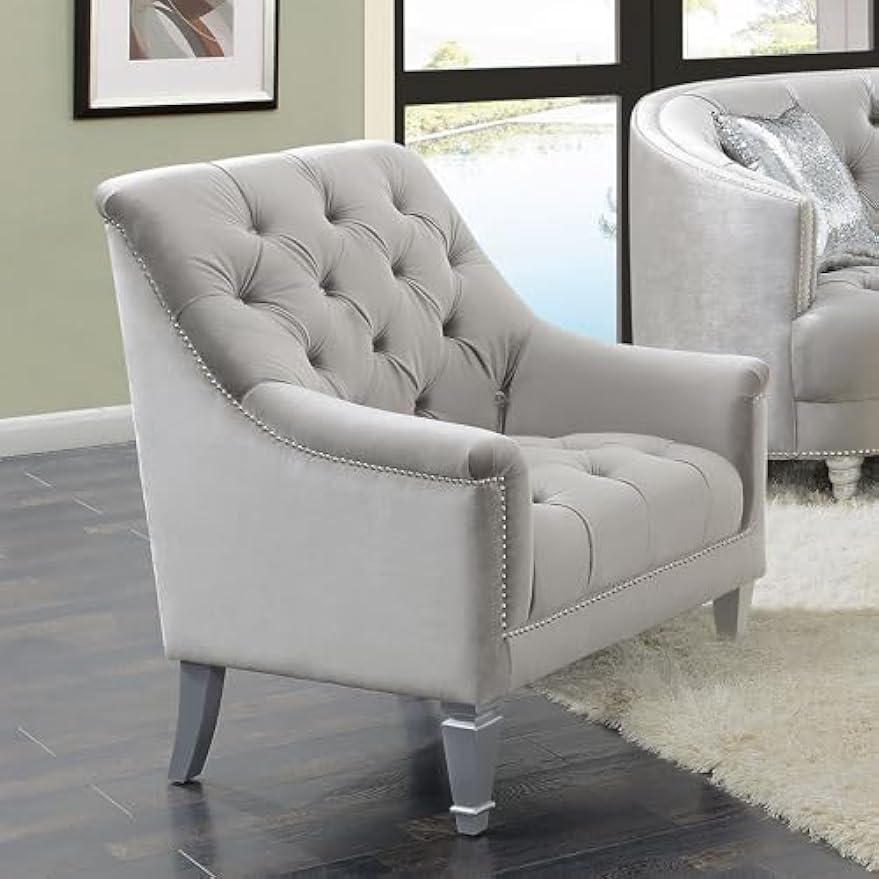Coaster Home Furnishings - Avonlea - Velvet Upholstered Sloped Arm Accent Chair with Button Tufted Back, Wooden Base and Flared Back Legs - Living Room - Gray - 508463