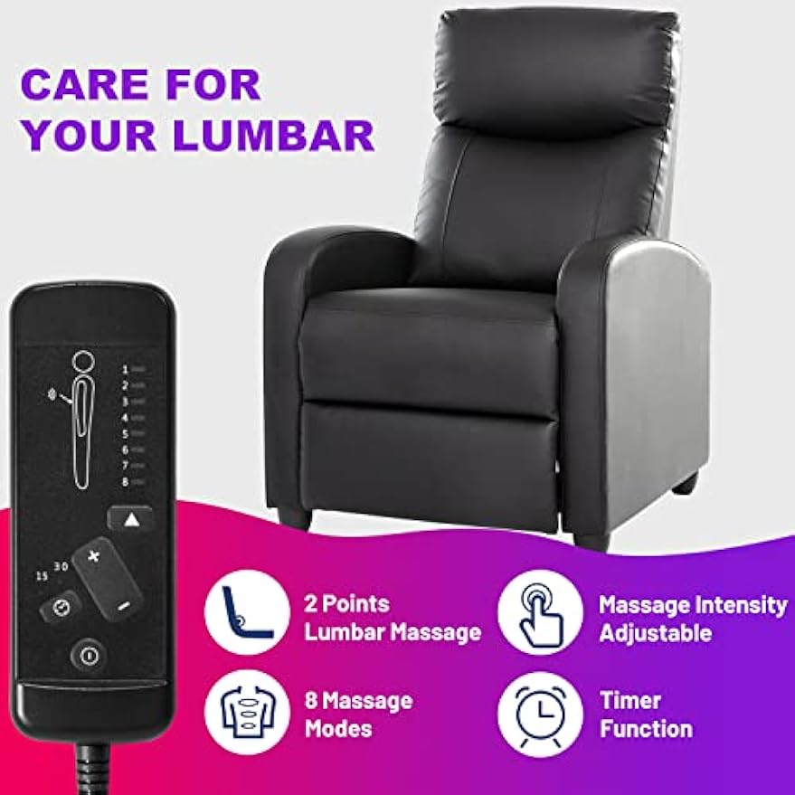 Zanzio Living Room Massage Recliner Chair, Modern High Back PU Leather Adjustable Heated Reclining Home Theater Single Sofa Chair with Padded Seat for Lounge Bedroom, Black (ZA-J5V)
