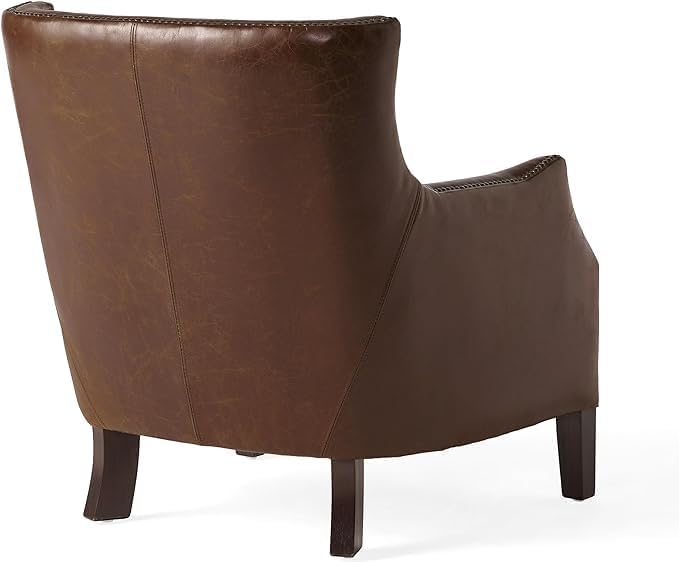 Christopher Knight Home Padon Mid-Century Modern Top-Grain Leather Accent Chair with Cushion, Modern Wingback Living Room Club Chair, Wooden Bedroom Comfy Reading Chair, Brown
