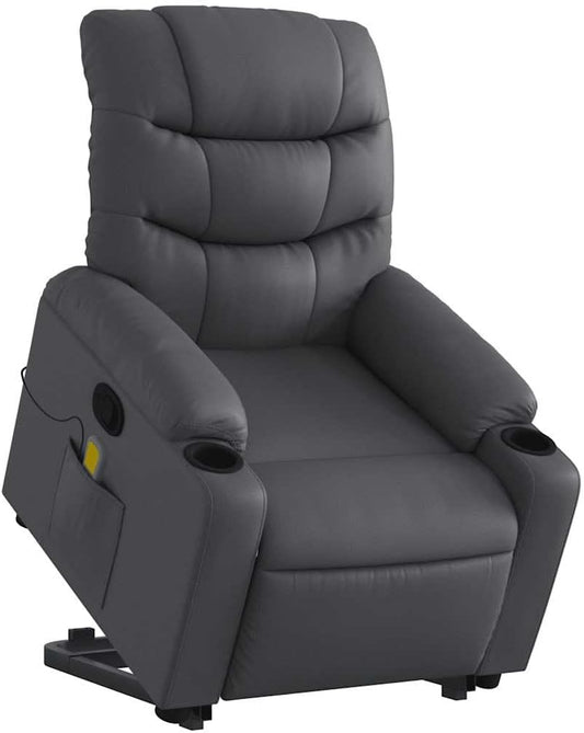 vidaXL Stand Up Power Lift Recliner Chair - Gray Faux Leather Massage Armchair with Cup Holders, Manual Recline for Living Room