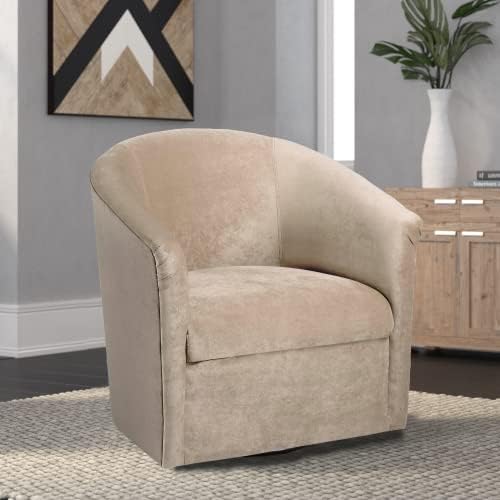 Swivel Barrel Chair, Velvet Round Accent Chair with 360 Degree Swivel Metal Base, Single Club Armchair with Curved Back and Thick Cushion, Leisure Sofa Chair for Living Room Bedroom, Beige