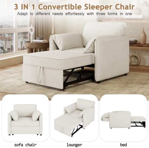 Sleeper Sofa Chair 3-in-1 Convertible, Pullout Sofa Bed with Adjustable Backrest and Thicked Cushions, Linen Fabric Armchair for Living Room, Bedroom, Apartment (White)