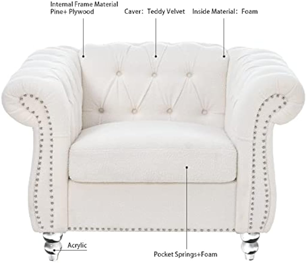 White Chesterfield Chair Single Tufted Sofa Throne Chair Farbic Club Chair Vintage Living Room Furniture Accent Rolled Arm Chairs for Bedroom Apartment, White farbic