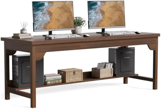 1Easylife 78.74" Extra Long Two-Person Desk, Computer Desk for 2 People, Large Double Desks with Storage Shelf, Writing Study Table Business Workstation for Home Office, Walnut