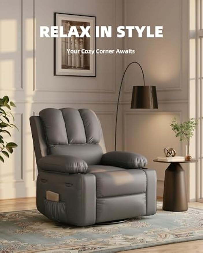 22'' Leather Recliner Chair for Adults, Overstuffed Manual Recliner Chair, Single Sofa with Cup Holder and Side Pockets, Upholstered Chair for Living Rooms, Gray