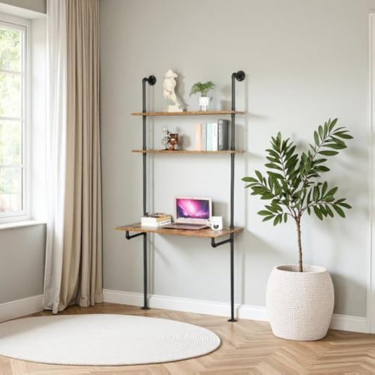 ZIOTHUM Industrial Wall Mount Desk with Shelves, Ladder Style Computer Laptop Desk, Floating Table with Storage, Industrial Pipe Bookcase for Home Office (36x20x81)