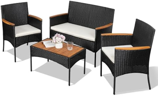 Shintenchi 4-Piece Patio Furniture Set, Outdoor Wicker Patio Conversation Furniture Set with Cushions and Wooden Tabletop for Paito Lawn Backyard, White Cushion