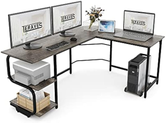 Teraves Reversible L Shaped Desk with Large Surface, 61 Inch Sturdy Corner Desk with Storage Shelves, Premium Office Computer Desk Workstation for Home Office Gaming