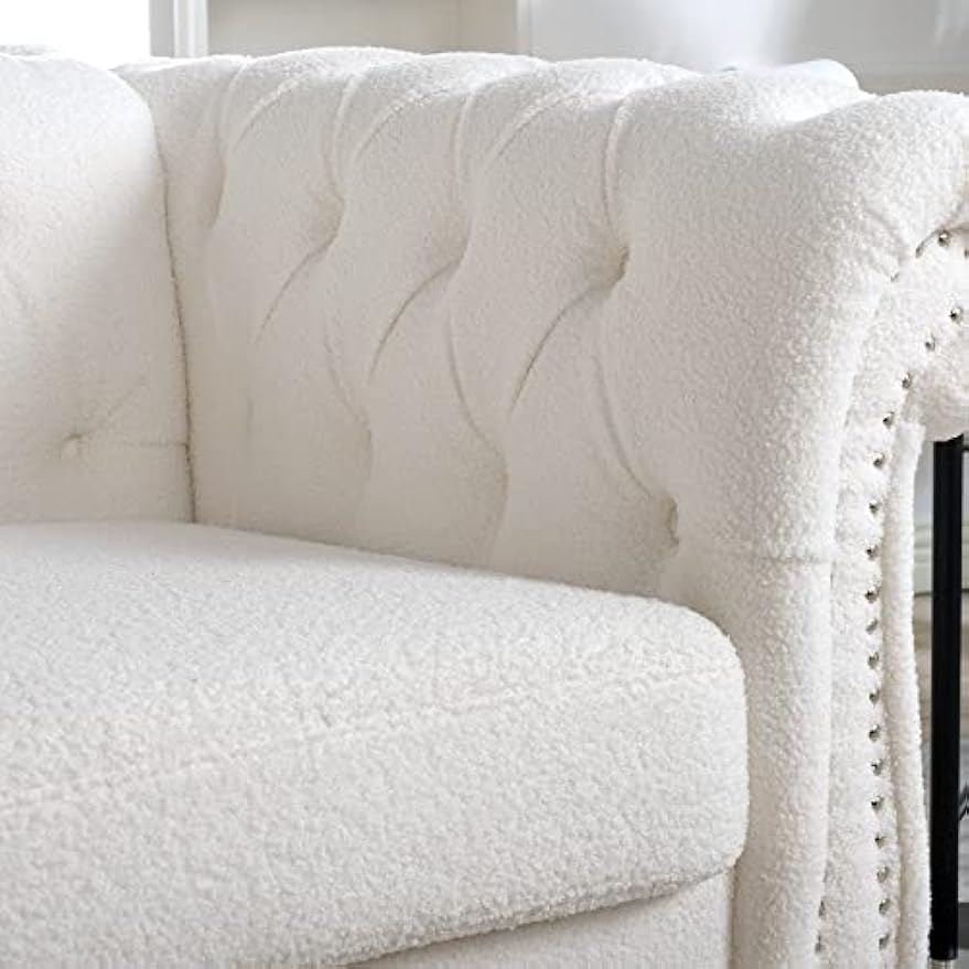 White Chesterfield Chair Single Tufted Sofa Throne Chair Farbic Club Chair Vintage Living Room Furniture Accent Rolled Arm Chairs for Bedroom Apartment, White farbic