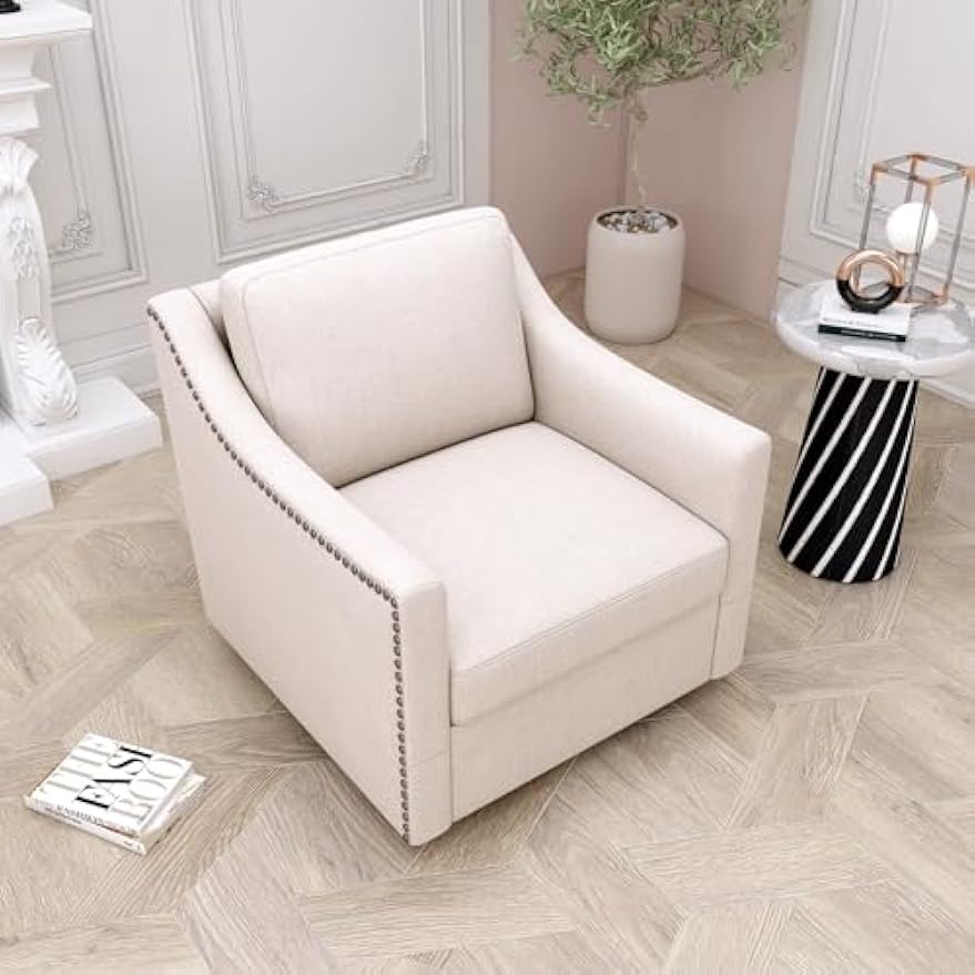 360 Degree Swivel Armchair Cotton Linen Skin-Friendly Fabric Ergonomic Design Brass Nail Decorative Armchair Living Room Chairs Bedroom Chairs Living Room Chairs Black Legs Suitable for Indoor Homes
