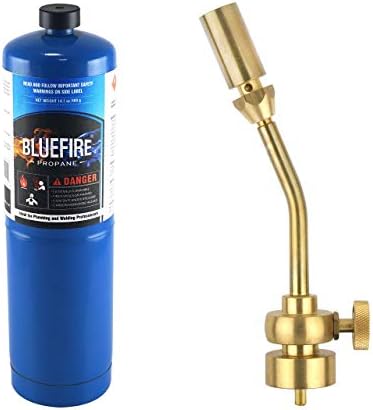 BLUEFIRE Solid Brass Pencil Flame Gas Welding Torch Head Nozzle Professional Upgrade Kit with MAPP All-Purpose Bundle with hard box interchangeable heads Fuel by MAP Pro Propane CGA 600 Cylinder