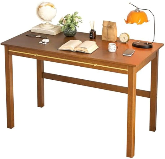 100% Solid Wood Desk with Drawers - 47.2 Inch Mid Century Modern Desks, Vintage Writing Desk with Drawers, Simple Work Study Table, Home Office Desks for Bedroom & Home, Walnut Color