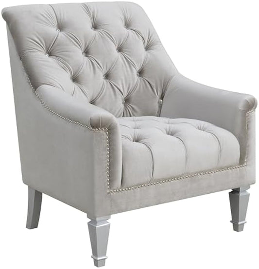 Coaster Home Furnishings - Avonlea - Velvet Upholstered Sloped Arm Accent Chair with Button Tufted Back, Wooden Base and Flared Back Legs - Living Room - Gray - 508463