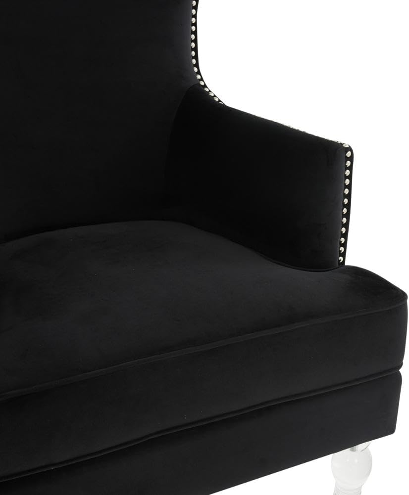 SAFAVIEH Couture Collection Geode Black Velvet Upholstered Wingback Chair with Clear Acrylic Legs & Studded Nailhead Trim for Living Room, Home Office, Study, Bedroom