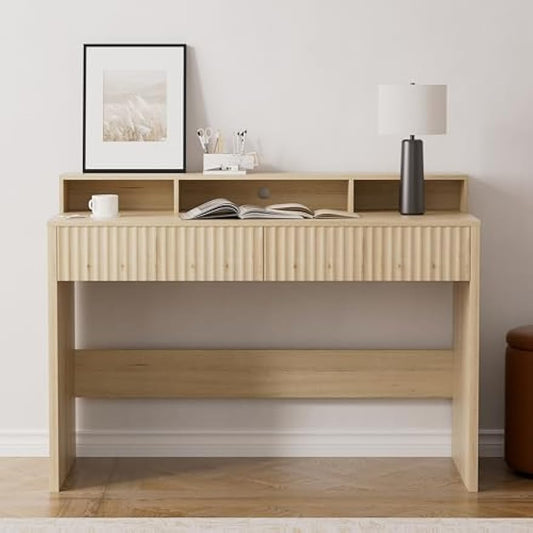 47" Executive Desk with Fluted Drawer, Modern Wood Home Office Desk with Long Monitor Stand and 2 Drawers, Computer Writing Desk for Study Office Vanity, Light Oak
