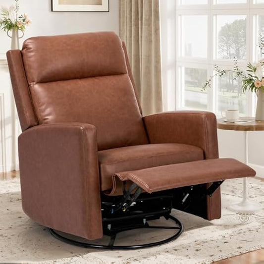COLAMY Swivel Rocking Recliner,Wide PU Leather Glider Sofa Chair with Ergonomic High Backrest for Living Room, Office, Bedroom（Cocoa）