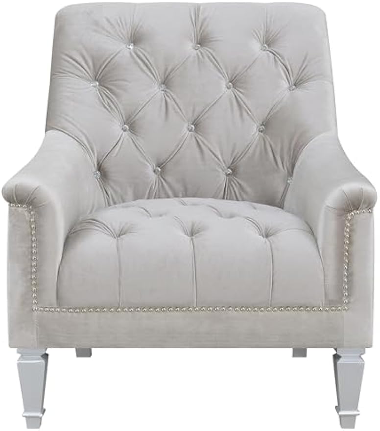 Coaster Home Furnishings - Avonlea - Velvet Upholstered Sloped Arm Accent Chair with Button Tufted Back, Wooden Base and Flared Back Legs - Living Room - Gray - 508463