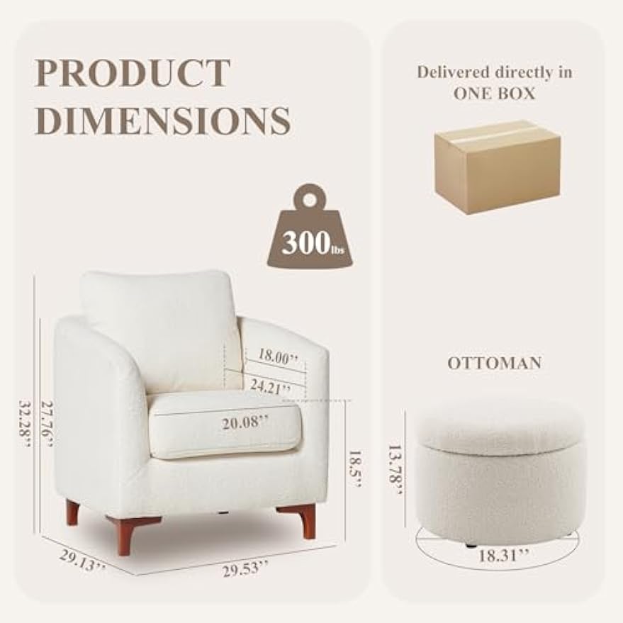 COLAMY Upholstered Sherpa Accent Chair with Storage Ottoman Set of 2, Barrel Living Room Side Chair with Back Pillow, Single Sofa Armchair for Bedroom/Office/Reading Spaces, Cream