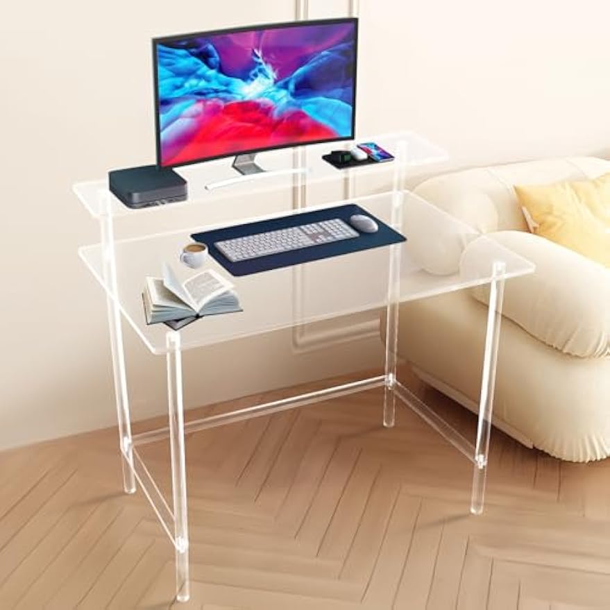 Clear Acrylic 2 Tier Freestanding Desk, Clear Desk w/31.5x19.69in Desktop, 34.65in Height, 88lbs Load Capacity, Modern Rectangular Computer/Writing Desk for Home & Office