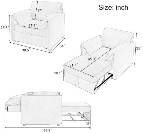 Sleeper Sofa Chair 3-in-1 Convertible, Pullout Sofa Bed with Adjustable Backrest and Thicked Cushions, Linen Fabric Armchair for Living Room, Bedroom, Apartment (White)