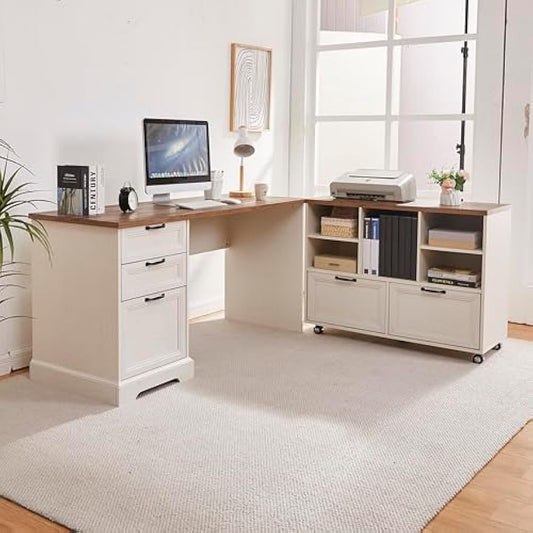 60" Farmhouse Executive Desk and 40" Mobile File Cabinet Combination,L Shaped Executive Desk with Charging Station,Home Office Desk for Office Work,Home Study