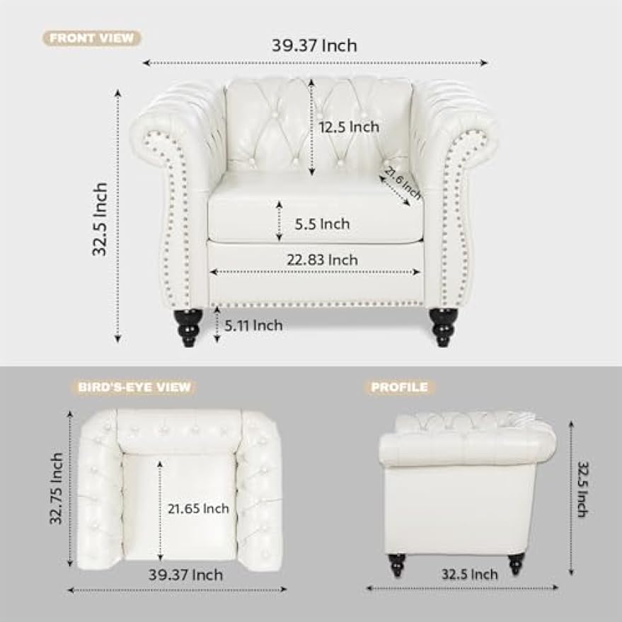 White Chesterfield Accent Chair Faux Leather Upholstered Tufted Wingback Club Chair, Mid-Century Modern Living Room Chair with Sturdy Wood Frame, Comfy Oversized Armchair for Bedroom Office