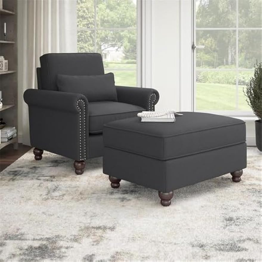 Bush Furniture Accent Chair with Ottoman Set, Armchair and Foot Rest with Pet-Friendly Fabric Upholstery for Traditional Living Room, Coventry Collection, Charcoal Gray Herringbone
