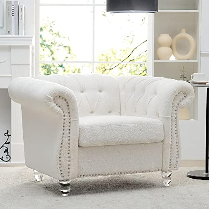 White Chesterfield Chair Single Tufted Sofa Throne Chair Farbic Club Chair Vintage Living Room Furniture Accent Rolled Arm Chairs for Bedroom Apartment, White farbic