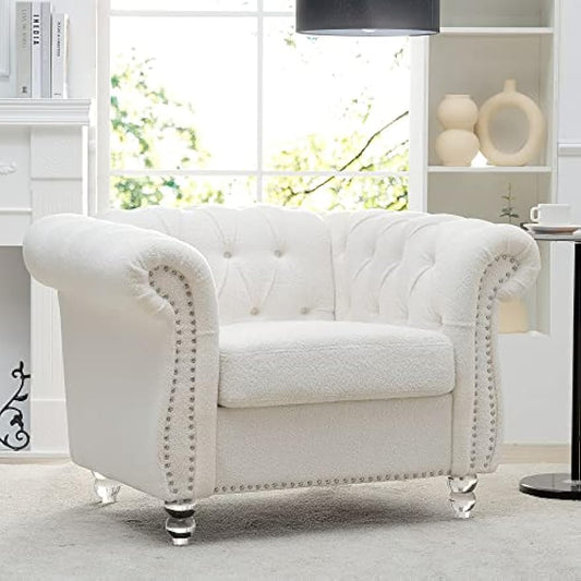 White Chesterfield Chair Single Tufted Sofa Throne Chair Farbic Club Chair Vintage Living Room Furniture Accent Rolled Arm Chairs for Bedroom Apartment, White farbic